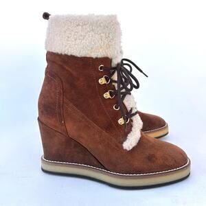 Napoleoni Perisa Suede Wedge Heeled Boots Shearling Camel 37 Lace Up Tan 7